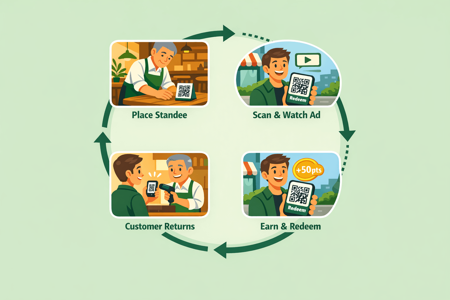 How ScanCent works - Place standee, customer scans and watches ad, earns points, redeems and returns